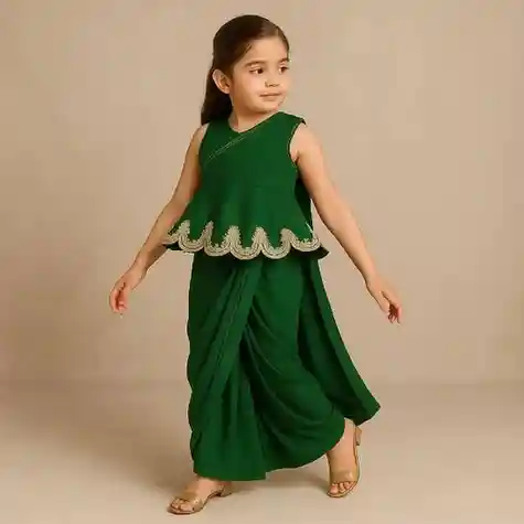 Little Muffet Green Lace Embroidered One Shoulder Top with Attached Pleated Dupatta and Stylish Dhoti